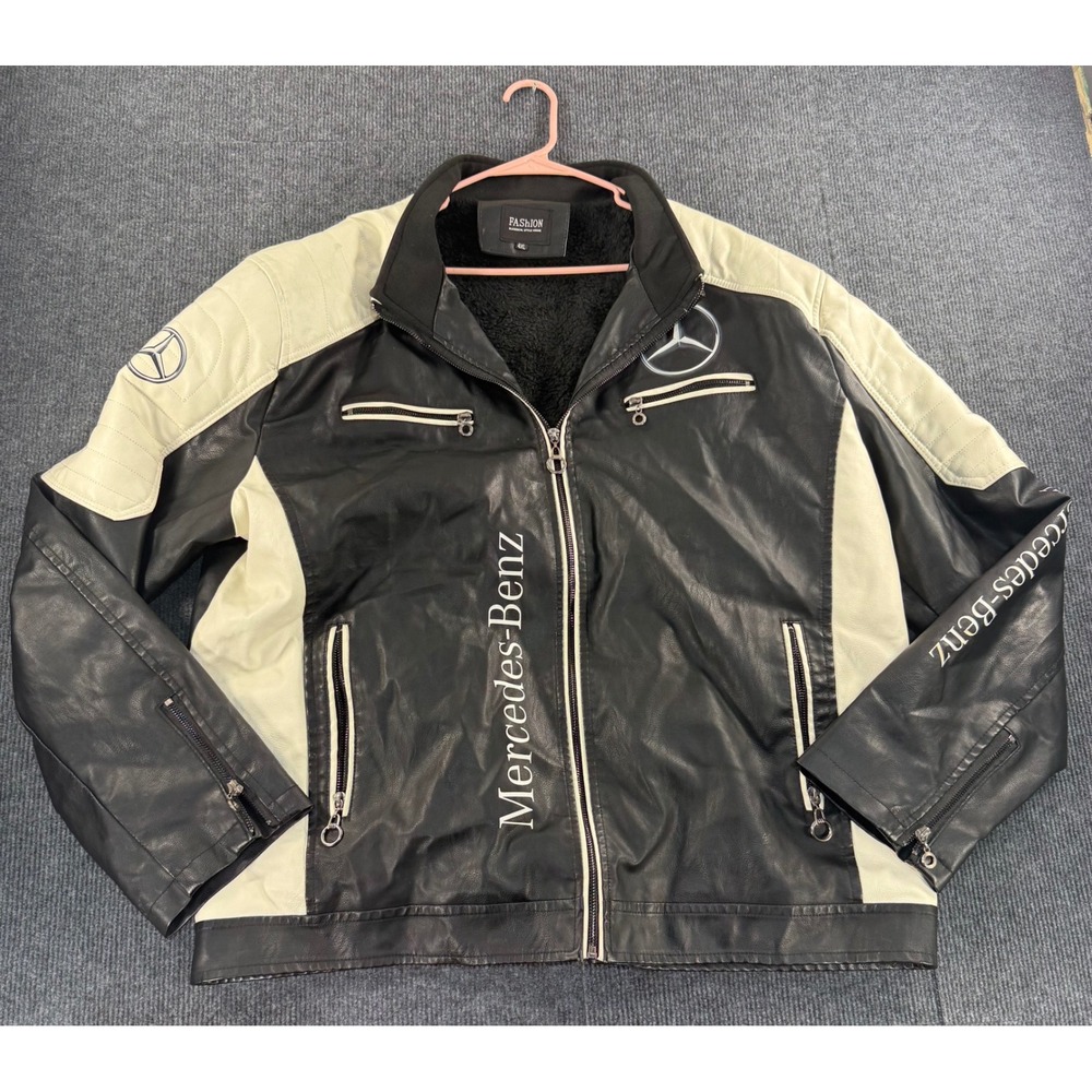Mercedes-Benz Faux Leather Racing Jacket Black Cream Sherpa Lined Mens 4XL Moto